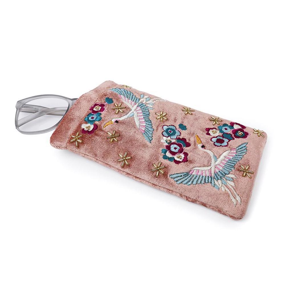 Peace of Mind Glasses Case Crane Velvet Emb Cranes And Flowers
